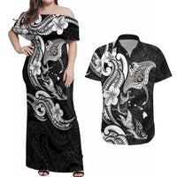 Hawaiian Manta Rays Couples Matching Off Shoulder Maxi Dress and Hawaiian Shirt Tribal Hibiscus Polynesian Tattoos Black Color LT03 Black - Polynesian Pride