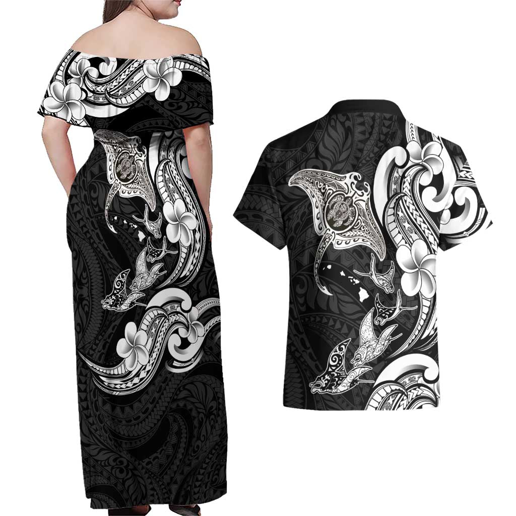 Hawaiian Manta Rays Couples Matching Off Shoulder Maxi Dress and Hawaiian Shirt Tribal Hibiscus Polynesian Tattoos Black Color LT03 - Polynesian Pride