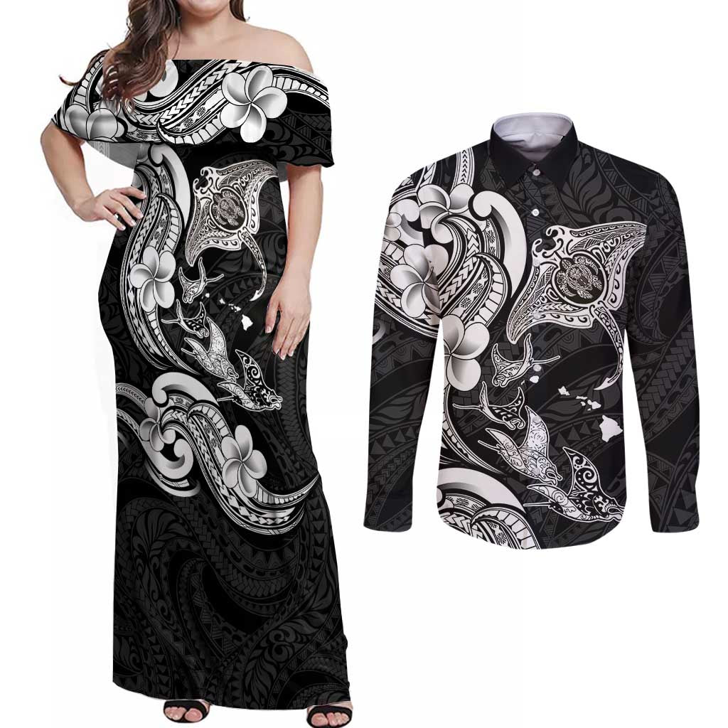 Hawaiian Manta Rays Couples Matching Off Shoulder Maxi Dress and Long Sleeve Button Shirt Tribal Hibiscus Polynesian Tattoos Black Color LT03 Black - Polynesian Pride