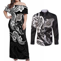 Hawaiian Manta Rays Couples Matching Off Shoulder Maxi Dress and Long Sleeve Button Shirt Tribal Hibiscus Polynesian Tattoos Black Color LT03 Black - Polynesian Pride