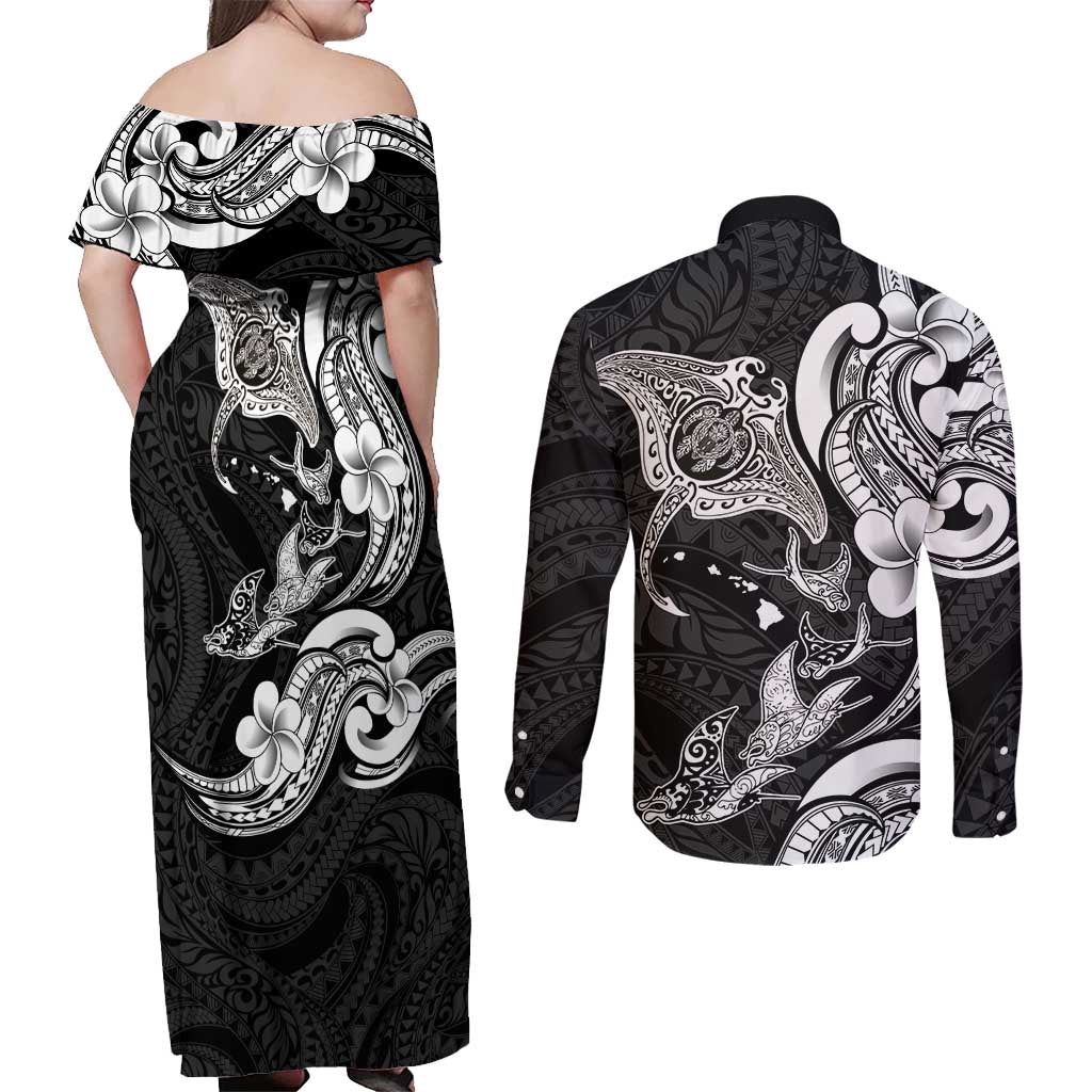 Hawaiian Manta Rays Couples Matching Off Shoulder Maxi Dress and Long Sleeve Button Shirt Tribal Hibiscus Polynesian Tattoos Black Color LT03 - Polynesian Pride