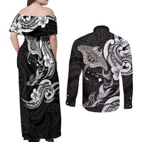 Hawaiian Manta Rays Couples Matching Off Shoulder Maxi Dress and Long Sleeve Button Shirt Tribal Hibiscus Polynesian Tattoos Black Color LT03 - Polynesian Pride