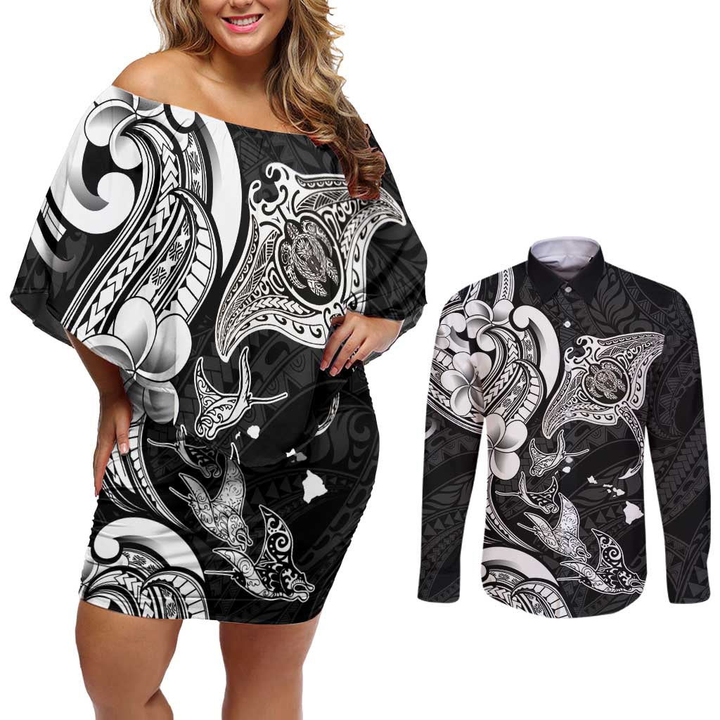 Hawaiian Manta Rays Couples Matching Off Shoulder Short Dress and Long Sleeve Button Shirt Tribal Hibiscus Polynesian Tattoos Black Color LT03 Black - Polynesian Pride