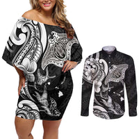 Hawaiian Manta Rays Couples Matching Off Shoulder Short Dress and Long Sleeve Button Shirt Tribal Hibiscus Polynesian Tattoos Black Color LT03 Black - Polynesian Pride