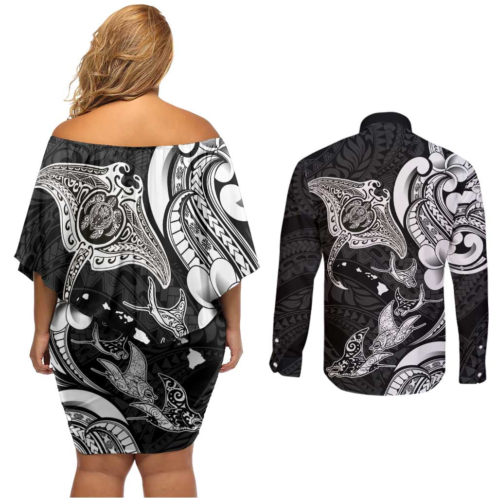 Hawaiian Manta Rays Couples Matching Off Shoulder Short Dress and Long Sleeve Button Shirt Tribal Hibiscus Polynesian Tattoos Black Color LT03 - Polynesian Pride