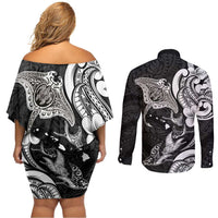 Hawaiian Manta Rays Couples Matching Off Shoulder Short Dress and Long Sleeve Button Shirt Tribal Hibiscus Polynesian Tattoos Black Color LT03 - Polynesian Pride