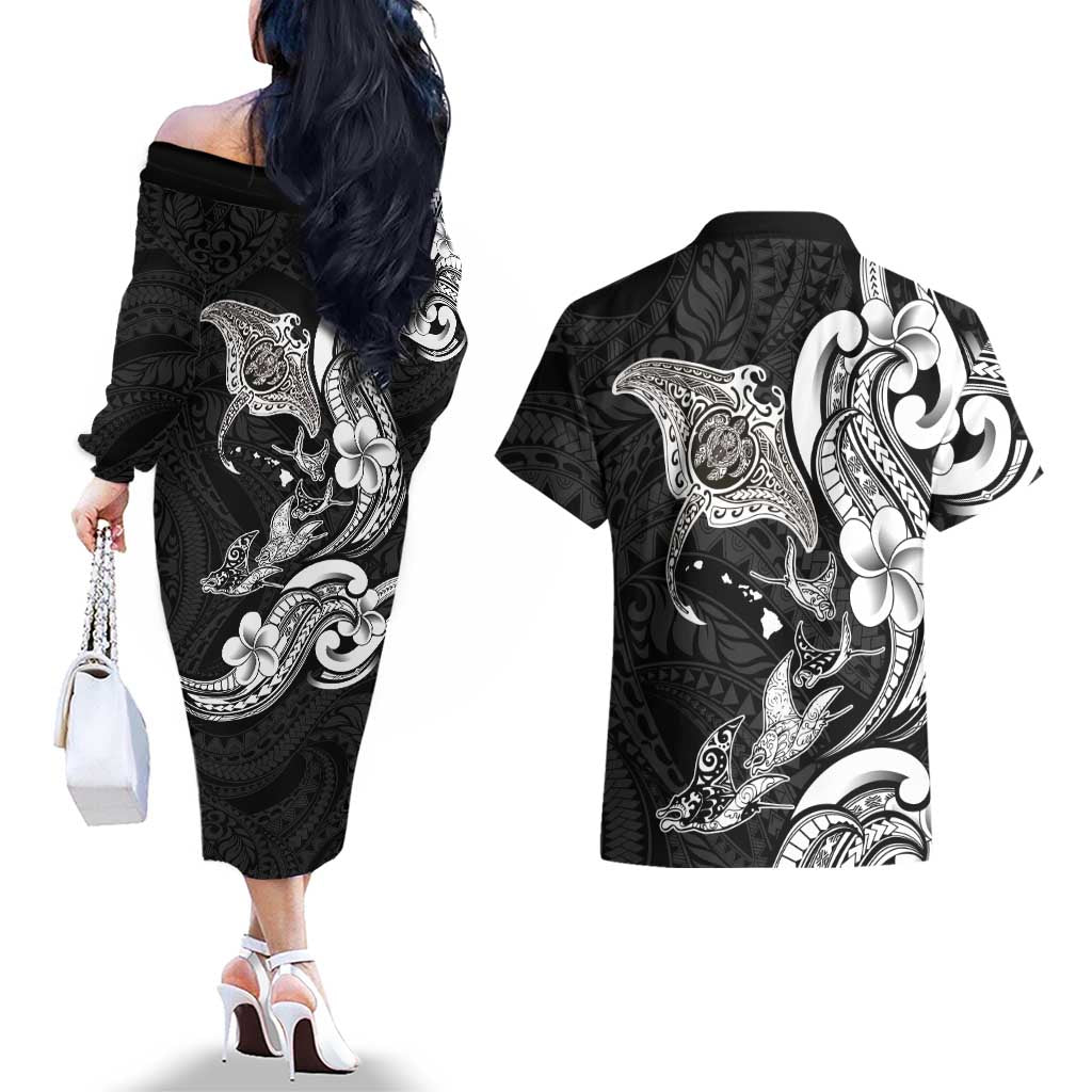 Hawaiian Manta Rays Couples Matching Off The Shoulder Long Sleeve Dress and Hawaiian Shirt Tribal Hibiscus Polynesian Tattoos Black Color LT03 - Polynesian Pride