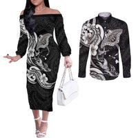 Hawaiian Manta Rays Couples Matching Off The Shoulder Long Sleeve Dress and Long Sleeve Button Shirt Tribal Hibiscus Polynesian Tattoos Black Color LT03 Black - Polynesian Pride
