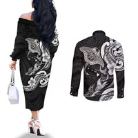 Hawaiian Manta Rays Couples Matching Off The Shoulder Long Sleeve Dress and Long Sleeve Button Shirt Tribal Hibiscus Polynesian Tattoos Black Color LT03 - Polynesian Pride