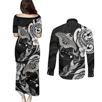 Hawaiian Manta Rays Couples Matching Puletasi and Long Sleeve Button Shirt Tribal Hibiscus Polynesian Tattoos Black Color LT03 - Polynesian Pride