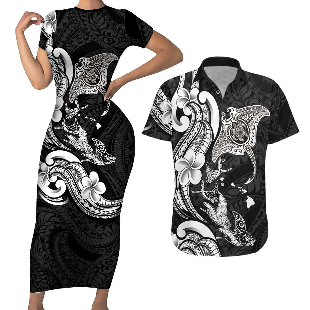 Hawaiian Manta Rays Couples Matching Short Sleeve Bodycon Dress and Hawaiian Shirt Tribal Hibiscus Polynesian Tattoos Black Color LT03 Black - Polynesian Pride