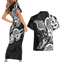 Hawaiian Manta Rays Couples Matching Short Sleeve Bodycon Dress and Hawaiian Shirt Tribal Hibiscus Polynesian Tattoos Black Color LT03 - Polynesian Pride