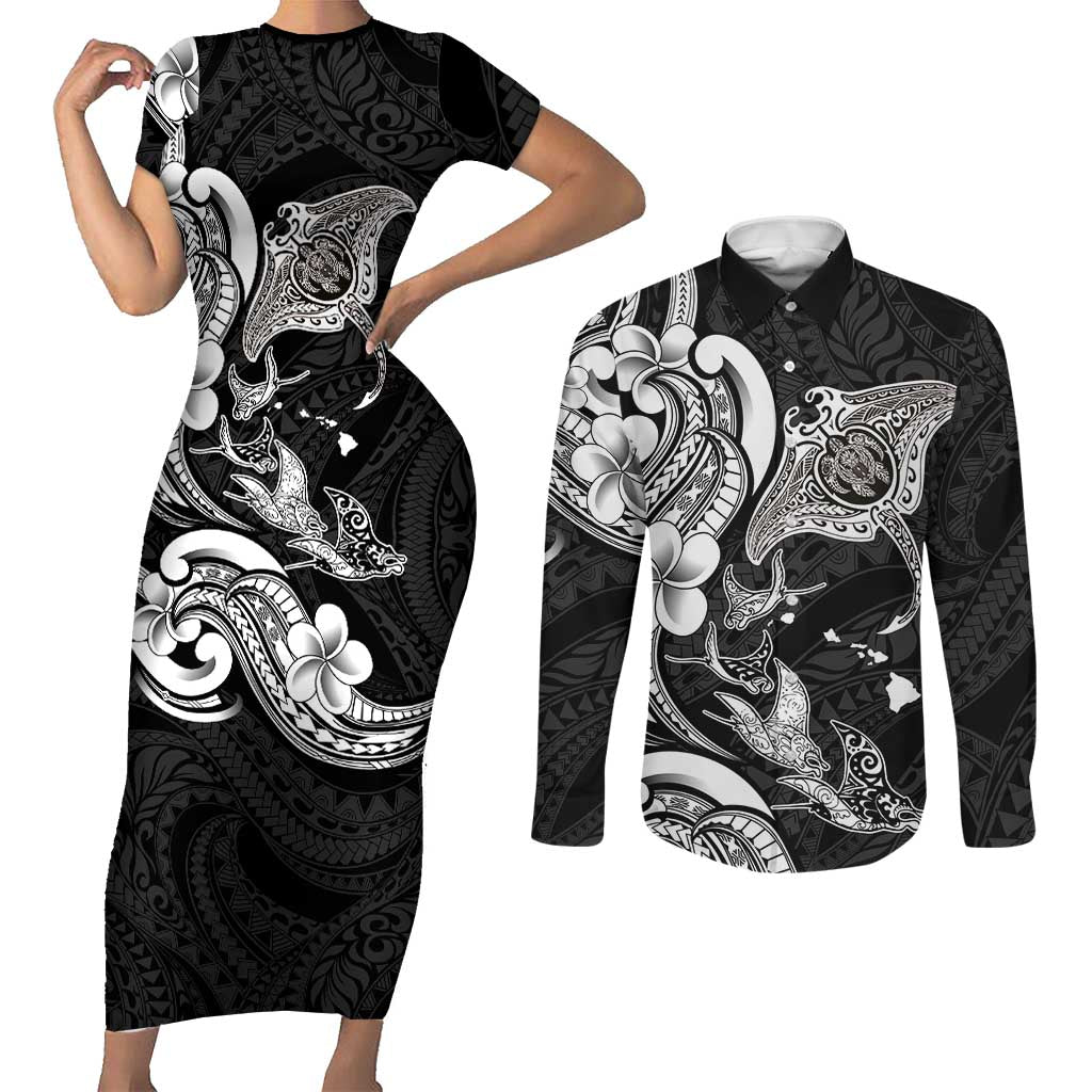 Hawaiian Manta Rays Couples Matching Short Sleeve Bodycon Dress and Long Sleeve Button Shirt Tribal Hibiscus Polynesian Tattoos Black Color - Polynesian Pride