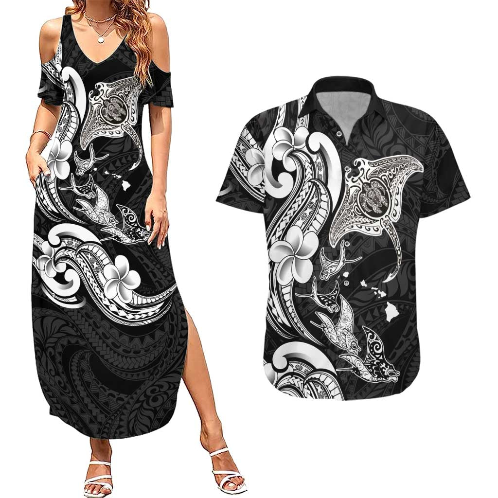 Hawaiian Manta Rays Couples Matching Summer Maxi Dress and Hawaiian Shirt Tribal Hibiscus Polynesian Tattoos Black Color - Polynesian Pride