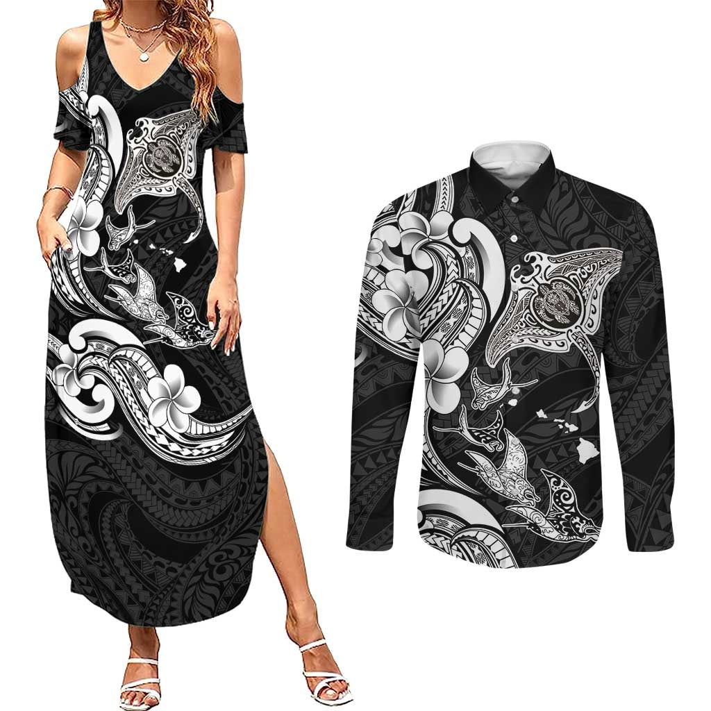 Hawaiian Manta Rays Couples Matching Summer Maxi Dress and Long Sleeve Button Shirt Tribal Hibiscus Polynesian Tattoos Black Color - Polynesian Pride