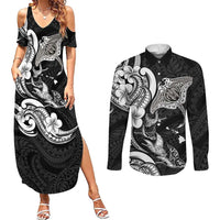Hawaiian Manta Rays Couples Matching Summer Maxi Dress and Long Sleeve Button Shirt Tribal Hibiscus Polynesian Tattoos Black Color LT03 Black - Polynesian Pride