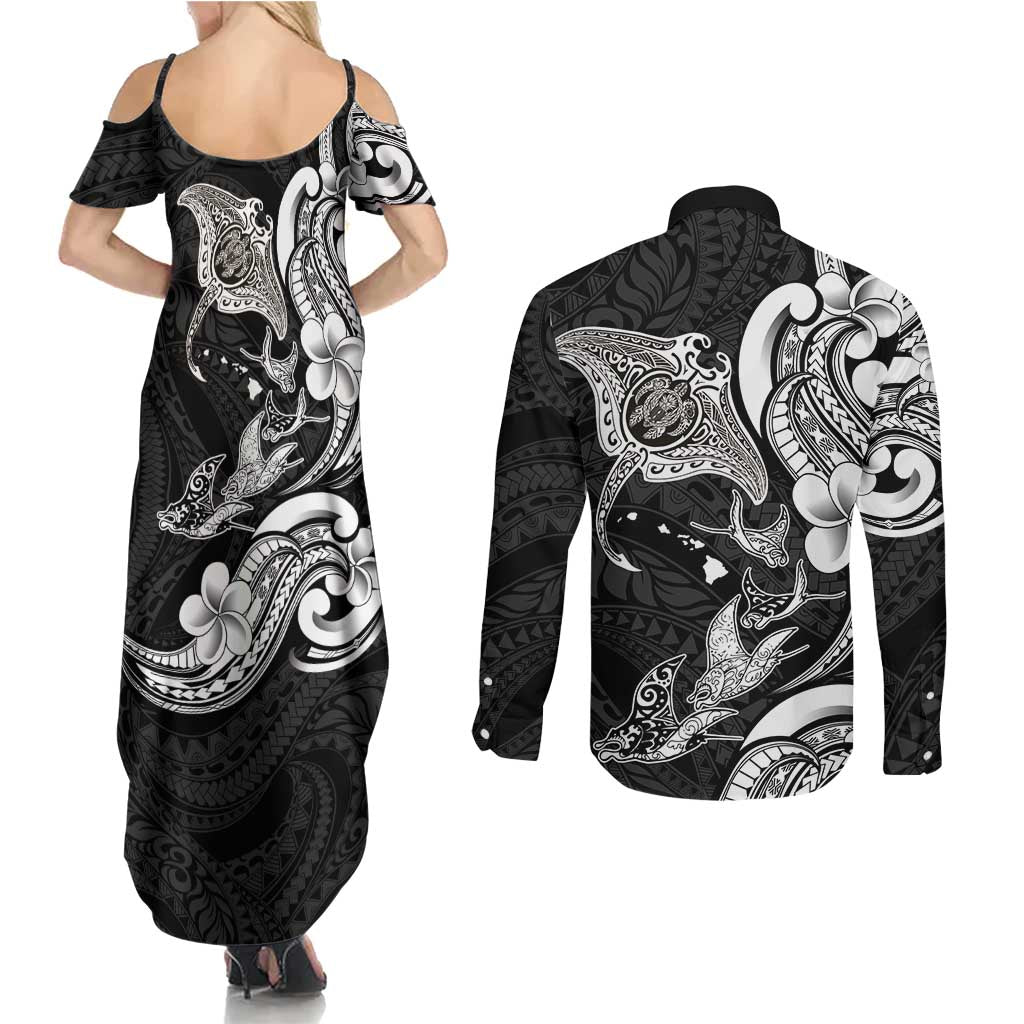 Hawaiian Manta Rays Couples Matching Summer Maxi Dress and Long Sleeve Button Shirt Tribal Hibiscus Polynesian Tattoos Black Color LT03 - Polynesian Pride