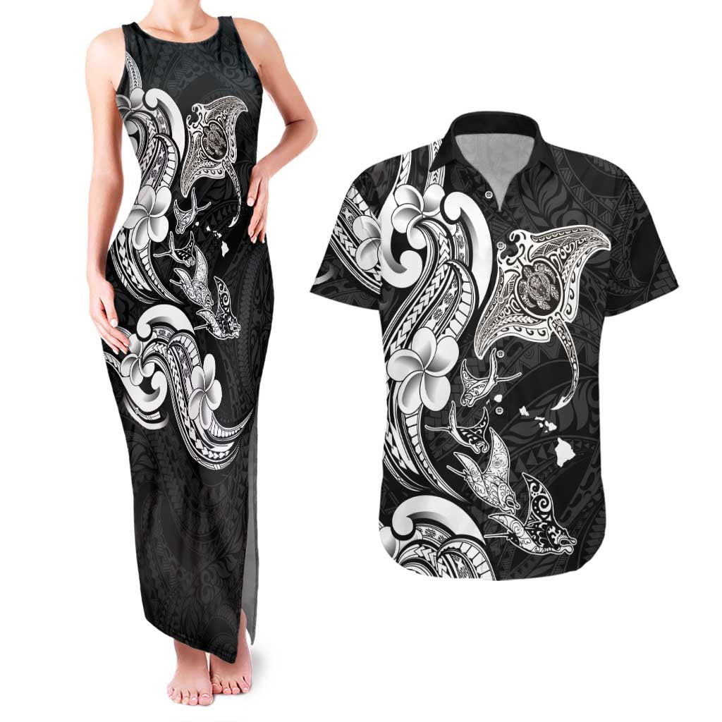 Hawaiian Manta Rays Couples Matching Tank Maxi Dress and Hawaiian Shirt Tribal Hibiscus Polynesian Tattoos Black Color LT03 Black - Polynesian Pride