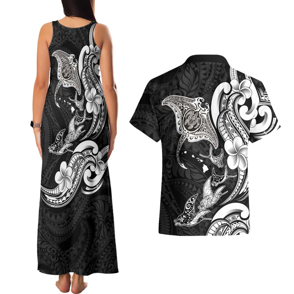 Hawaiian Manta Rays Couples Matching Tank Maxi Dress and Hawaiian Shirt Tribal Hibiscus Polynesian Tattoos Black Color LT03 - Polynesian Pride