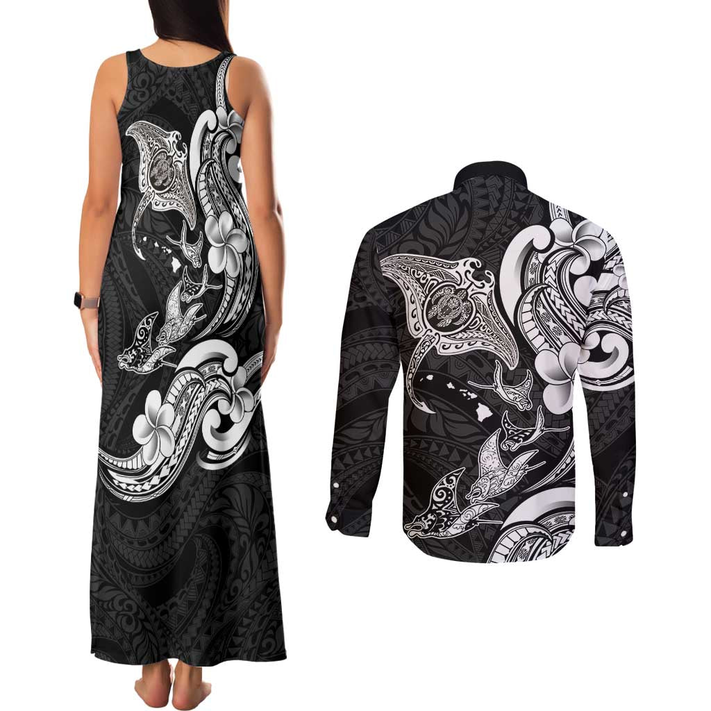Hawaiian Manta Rays Couples Matching Tank Maxi Dress and Long Sleeve Button Shirt Tribal Hibiscus Polynesian Tattoos Black Color LT03 - Polynesian Pride