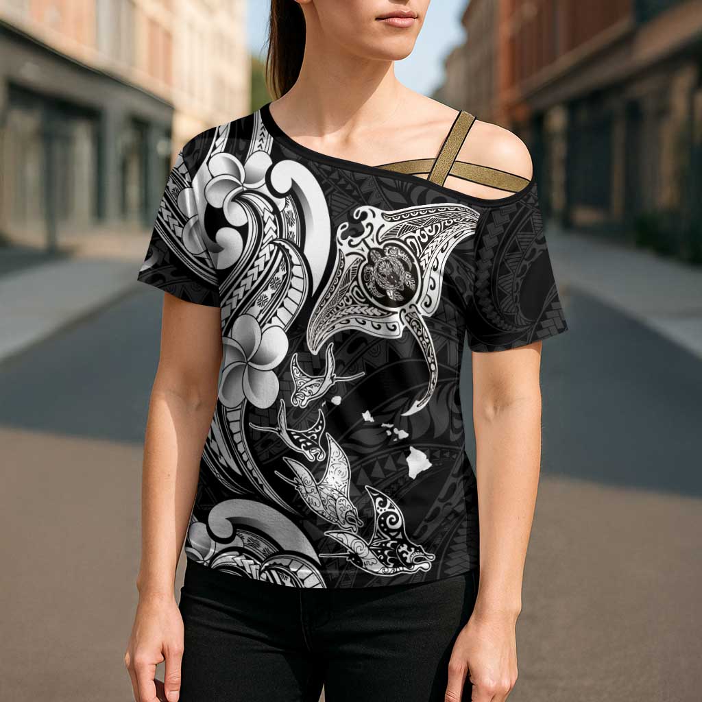 Hawaiian Manta Rays Cross Shoulder Shirt Tribal Hibiscus Polynesian Tattoos Black Color - Polynesian Pride