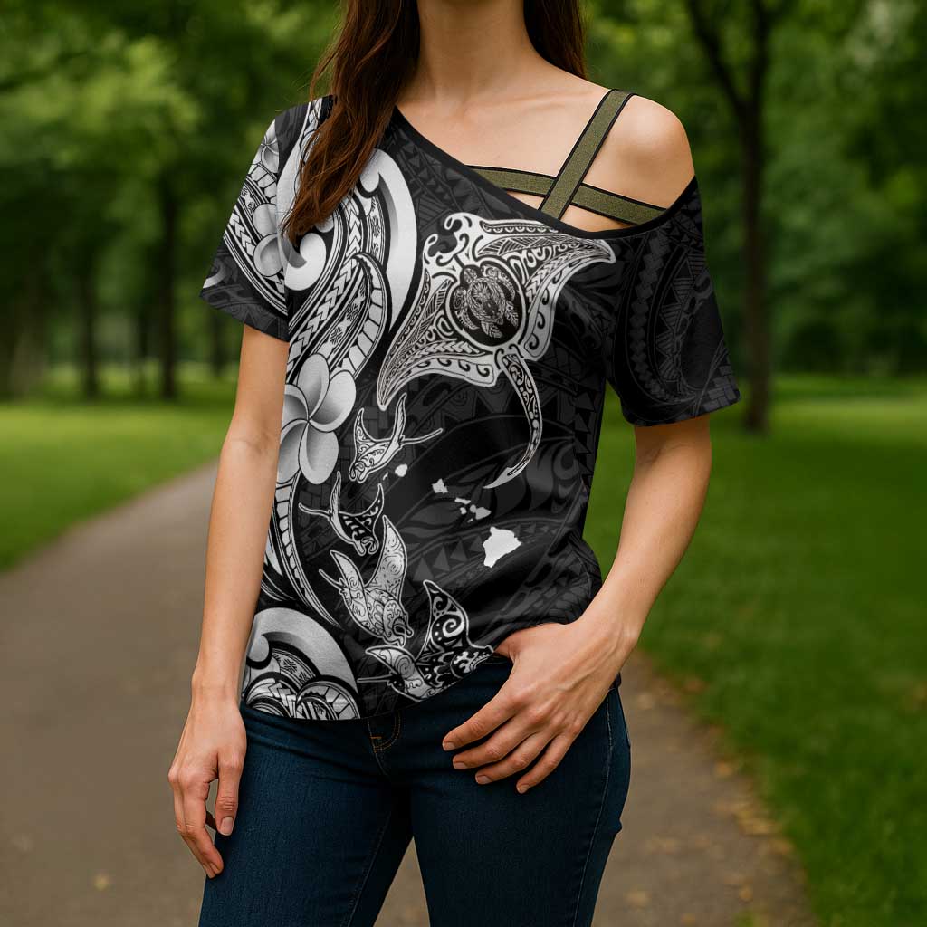 Hawaiian Manta Rays Cross Shoulder Shirt Tribal Hibiscus Polynesian Tattoos Black Color - Polynesian Pride