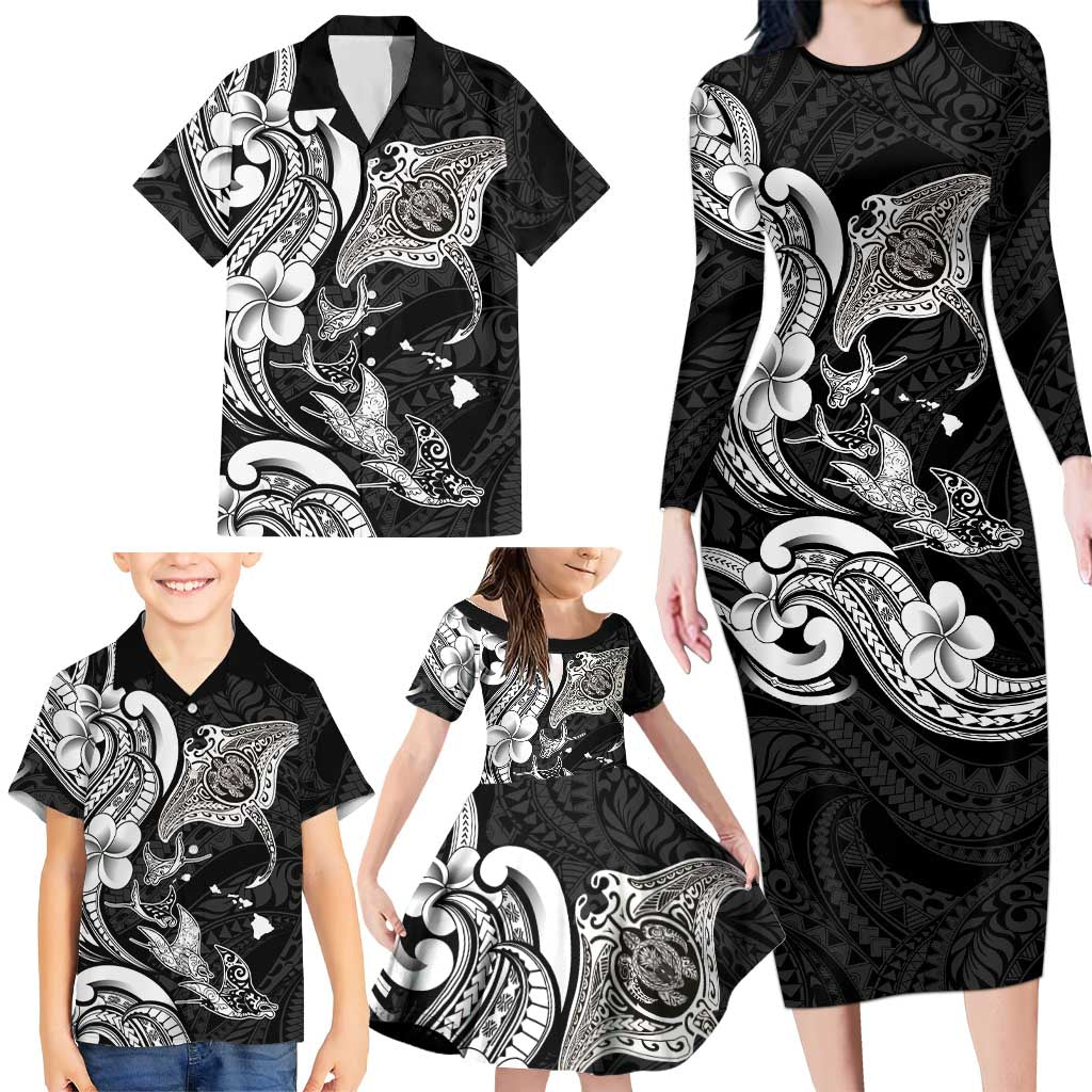 Hawaiian Manta Rays Family Matching Long Sleeve Bodycon Dress and Hawaiian Shirt Tribal Hibiscus Polynesian Tattoos Black Color - Polynesian Pride
