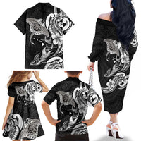 Hawaiian Manta Rays Family Matching Off The Shoulder Long Sleeve Dress and Hawaiian Shirt Tribal Hibiscus Polynesian Tattoos Black Color LT03 - Polynesian Pride