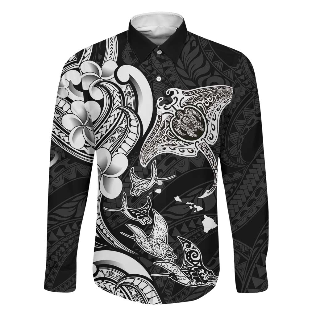Hawaiian Manta Rays Family Matching Off The Shoulder Long Sleeve Dress and Hawaiian Shirt Tribal Hibiscus Polynesian Tattoos Black Color LT03 Dad's Shirt - Long Sleeve Black - Polynesian Pride