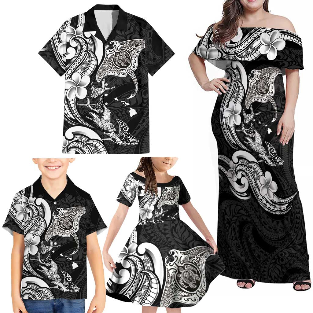 Hawaiian Manta Rays Family Matching Off Shoulder Maxi Dress and Hawaiian Shirt Tribal Hibiscus Polynesian Tattoos Black Color LT03 - Polynesian Pride