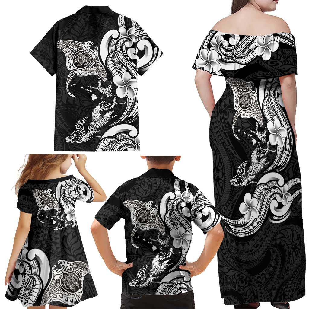 Hawaiian Manta Rays Family Matching Off Shoulder Maxi Dress and Hawaiian Shirt Tribal Hibiscus Polynesian Tattoos Black Color LT03 - Polynesian Pride