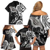 Hawaiian Manta Rays Family Matching Off Shoulder Short Dress and Hawaiian Shirt Tribal Hibiscus Polynesian Tattoos Black Color LT03 - Polynesian Pride