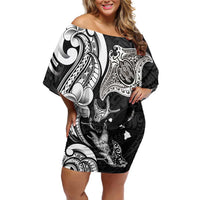 Hawaiian Manta Rays Family Matching Off Shoulder Short Dress and Hawaiian Shirt Tribal Hibiscus Polynesian Tattoos Black Color LT03 Mom's Dress Black - Polynesian Pride