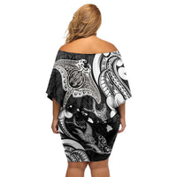 Hawaiian Manta Rays Family Matching Off Shoulder Short Dress and Hawaiian Shirt Tribal Hibiscus Polynesian Tattoos Black Color LT03 - Polynesian Pride