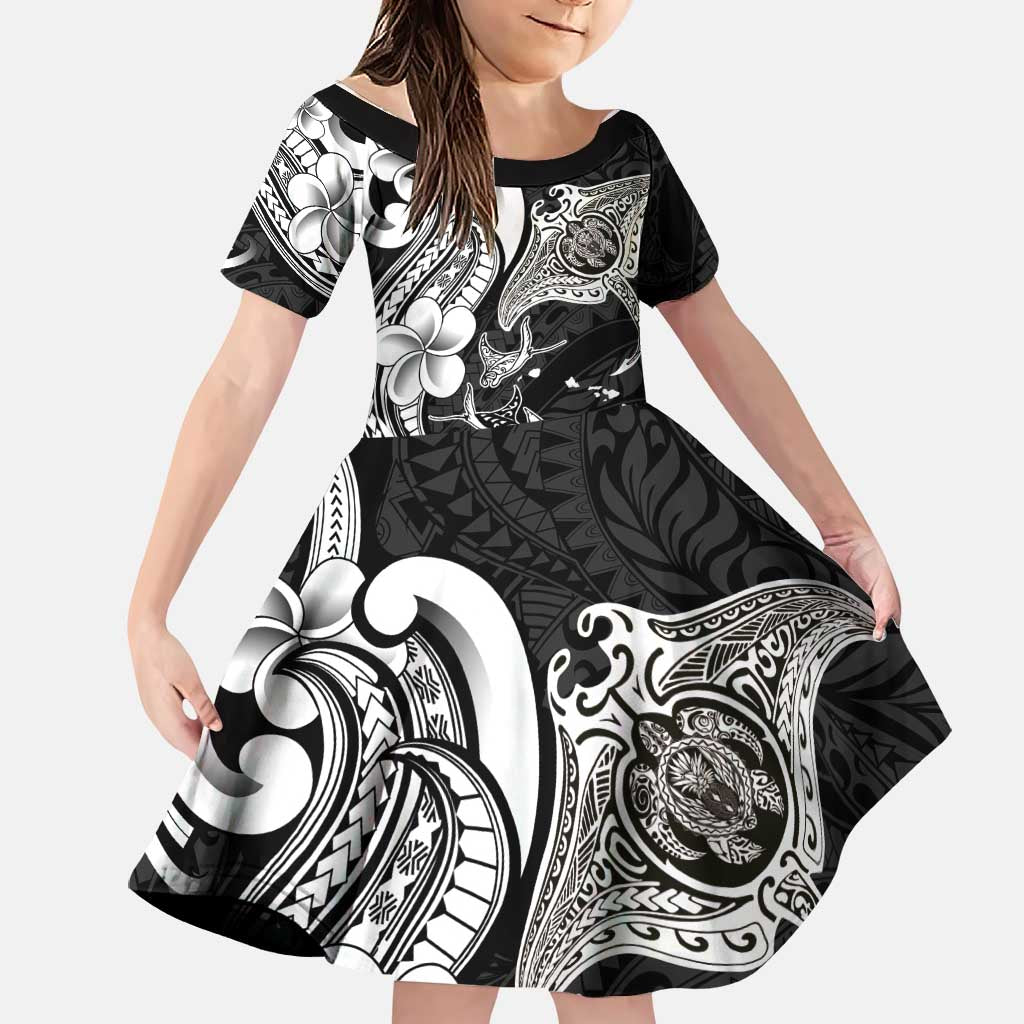 Hawaiian Manta Rays Family Matching Puletasi and Hawaiian Shirt Tribal Hibiscus Polynesian Tattoos Black Color LT03 Daughter's Dress Black - Polynesian Pride