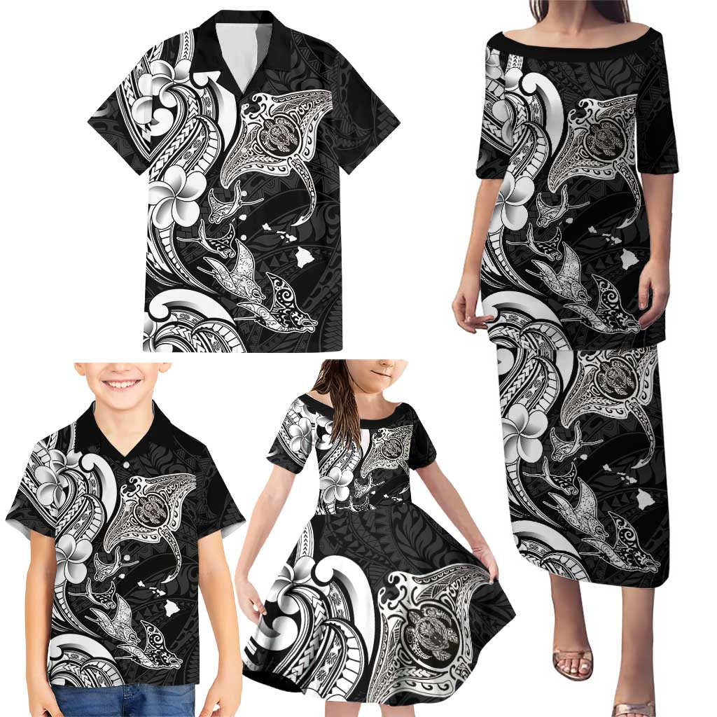 Hawaiian Manta Rays Family Matching Puletasi and Hawaiian Shirt Tribal Hibiscus Polynesian Tattoos Black Color - Polynesian Pride