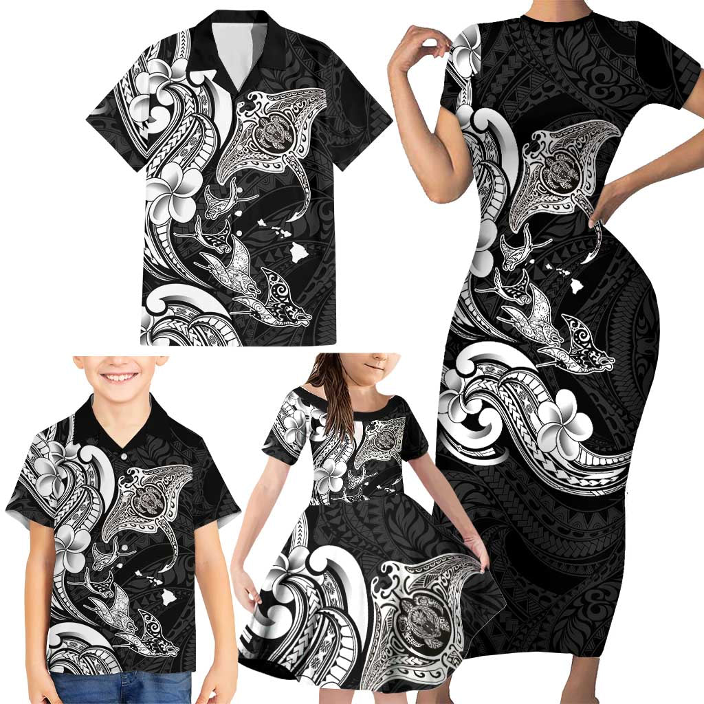 Hawaiian Manta Rays Family Matching Short Sleeve Bodycon Dress and Hawaiian Shirt Tribal Hibiscus Polynesian Tattoos Black Color - Polynesian Pride
