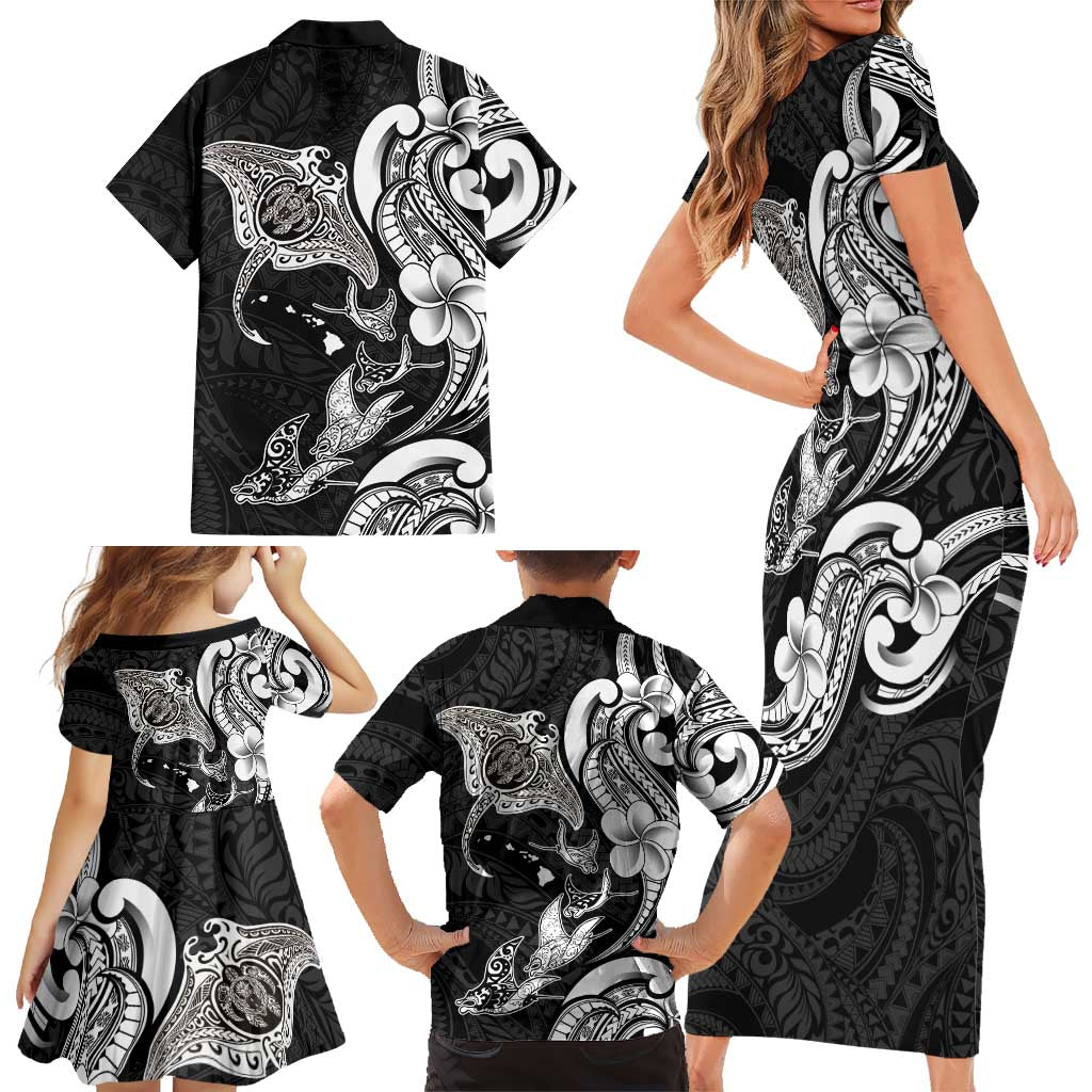 Hawaiian Manta Rays Family Matching Short Sleeve Bodycon Dress and Hawaiian Shirt Tribal Hibiscus Polynesian Tattoos Black Color LT03 - Polynesian Pride