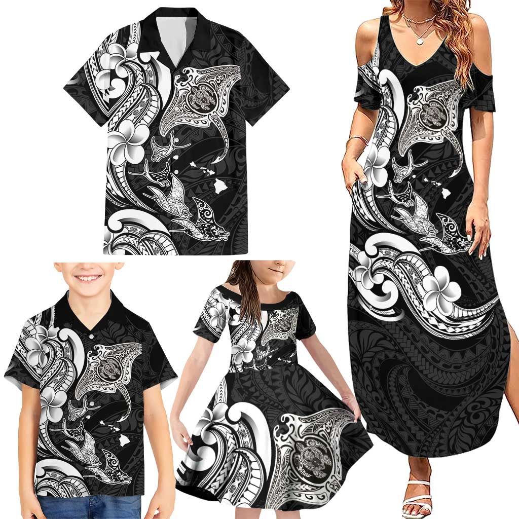 Hawaiian Manta Rays Family Matching Summer Maxi Dress and Hawaiian Shirt Tribal Hibiscus Polynesian Tattoos Black Color - Polynesian Pride