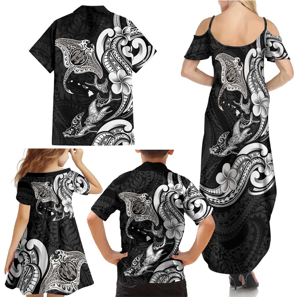 Hawaiian Manta Rays Family Matching Summer Maxi Dress and Hawaiian Shirt Tribal Hibiscus Polynesian Tattoos Black Color LT03 - Polynesian Pride