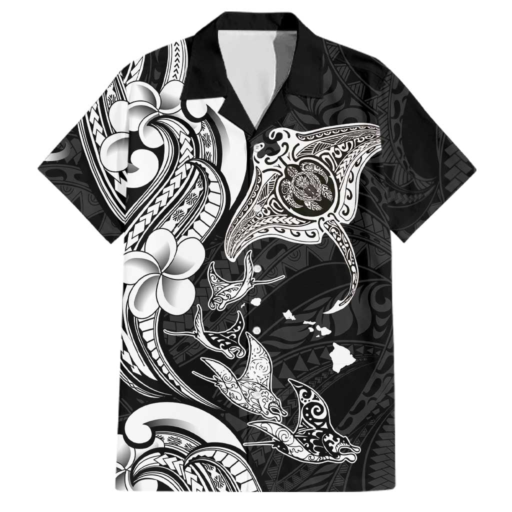 Hawaiian Manta Rays Family Matching Tank Maxi Dress and Hawaiian Shirt Tribal Hibiscus Polynesian Tattoos Black Color LT03 Dad's Shirt - Short Sleeve Black - Polynesian Pride