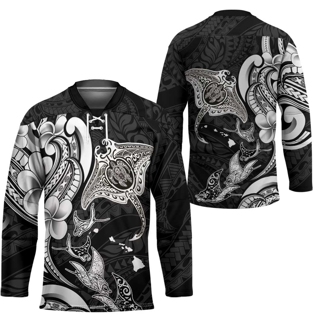 Hawaiian Manta Rays Hockey Jersey Tribal Hibiscus Polynesian Tattoos Black Color - Polynesian Pride