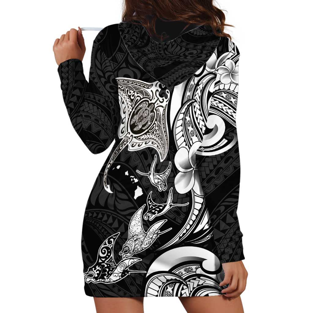 Hawaiian Manta Rays Hoodie Dress Tribal Hibiscus Polynesian Tattoos Black Color LT03 - Polynesian Pride