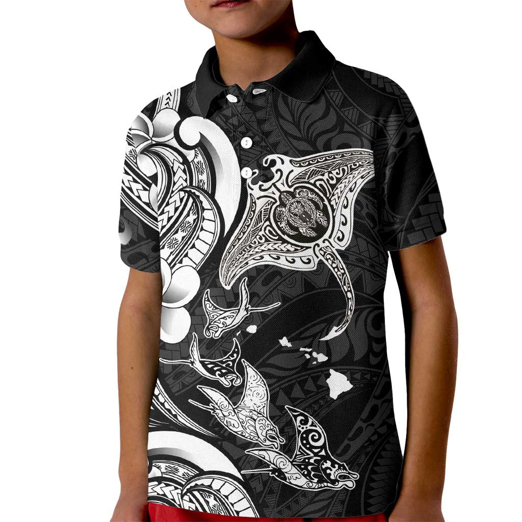 Hawaiian Manta Rays Kid Polo Shirt Tribal Hibiscus Polynesian Tattoos Black Color - Polynesian Pride