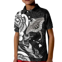 Hawaiian Manta Rays Kid Polo Shirt Tribal Hibiscus Polynesian Tattoos Black Color - Polynesian Pride