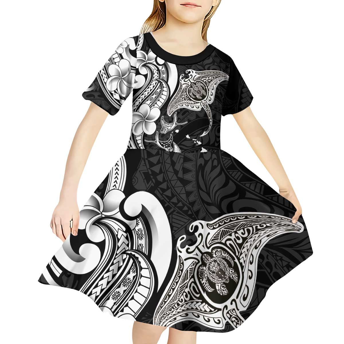 Hawaiian Manta Rays Kid Short Sleeve Dress Tribal Hibiscus Polynesian Tattoos Black Color LT03 - Polynesian Pride