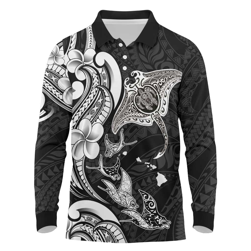 Hawaiian Manta Rays Long Sleeve Polo Shirt Tribal Hibiscus Polynesian Tattoos Black Color LT03 Black - Polynesian Pride