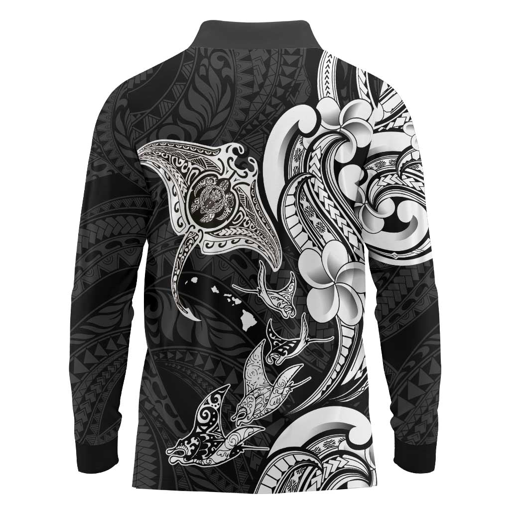 Hawaiian Manta Rays Long Sleeve Polo Shirt Tribal Hibiscus Polynesian Tattoos Black Color LT03 - Polynesian Pride