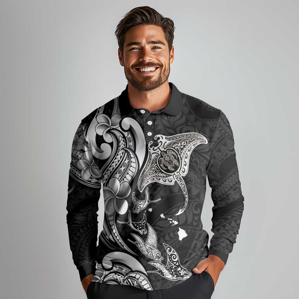 Hawaiian Manta Rays Long Sleeve Polo Shirt Tribal Hibiscus Polynesian Tattoos Black Color LT03 - Polynesian Pride