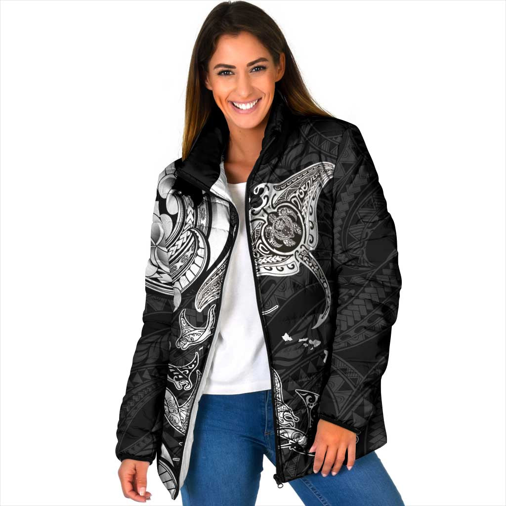 Hawaiian Manta Rays Padded Jacket Tribal Hibiscus Polynesian Tattoos Black Color LT03 Women Black - Polynesian Pride